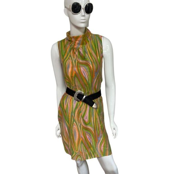 Groovy Handmade One of a Kind 60s / 70s Psychedelic Swirl Mock Neck Mini Dress - Picture 8 of 11